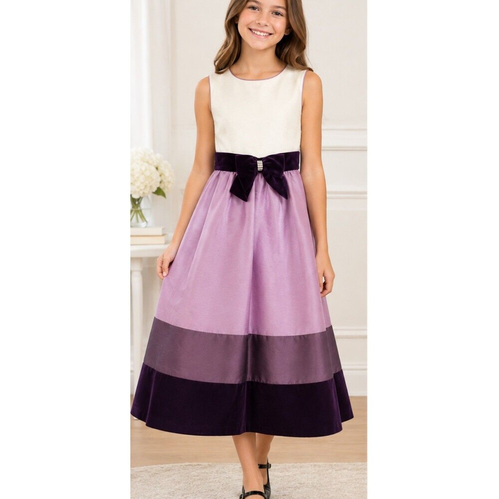 Rare Editions Girls White & Lavender Party Dress with Velvet Rhinestone Bow NWT